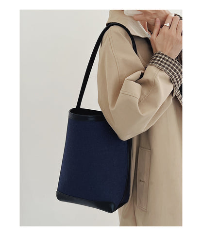 Canvas and Genuine Leather Bucket Tote Bag for Women Versatile Japanese Korean Chic Side Bag for Casual and Commute Use
