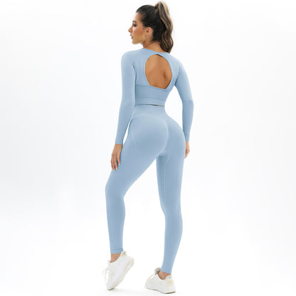 Peach Seamless Knitted Backless High Stretch Long Sleeve Yoga Set Women's 2 Piece Activewear for Running Fitness and Workout Comfort