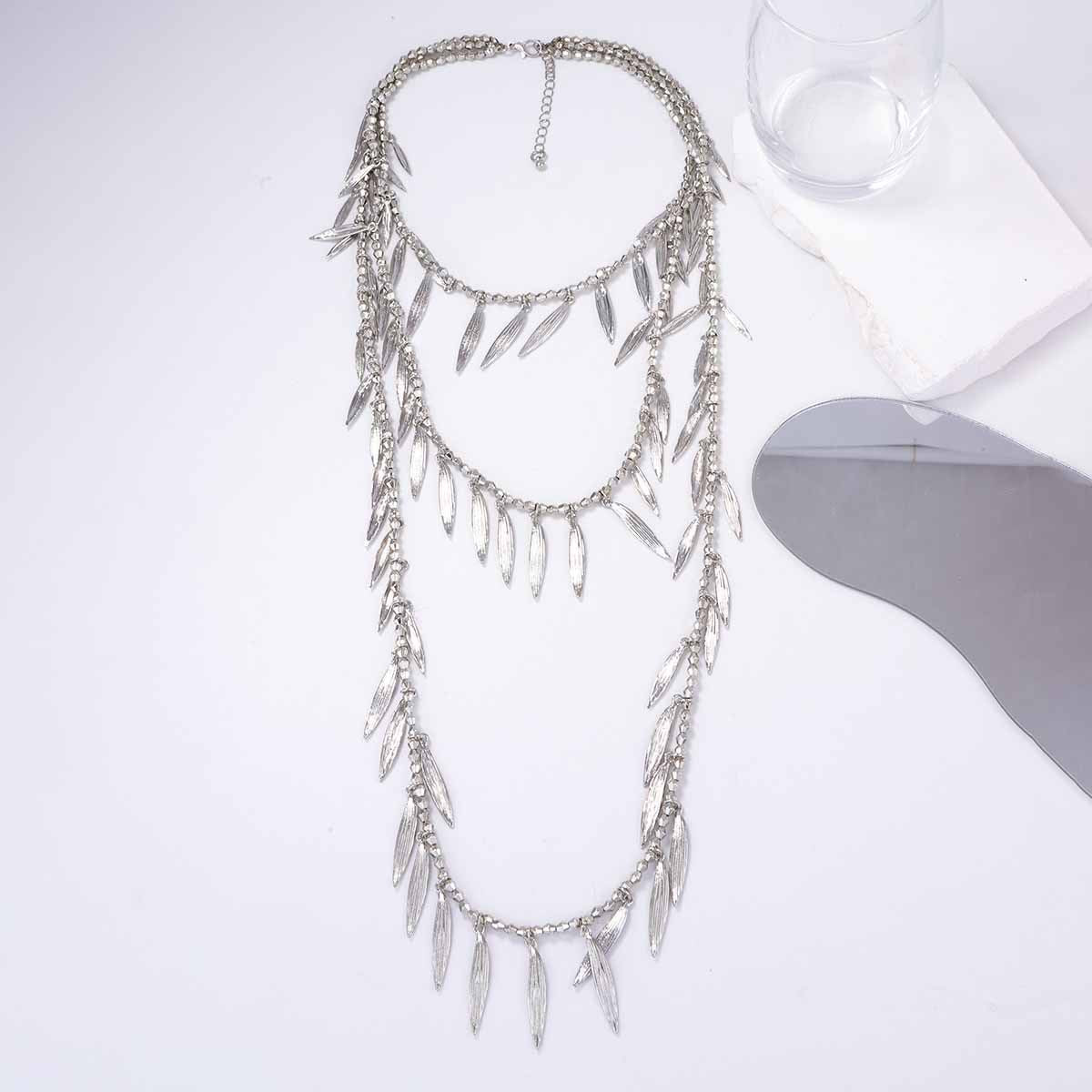 Boho-Chic Beaded Texture Pendant Necklace with Alloy Feather and Leaf Charms - Unique Personality Statement Jewelry for Effortless Style