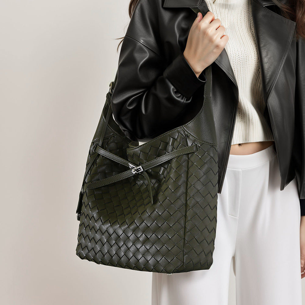 Genuine Leather Handwoven Large Capacity Crossbody Bag Commuter Tote and Casual Shoulder Bag for Women
