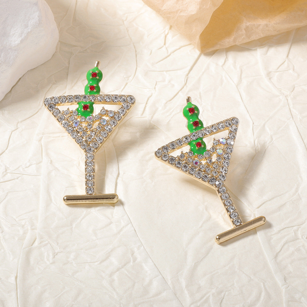 Stunning Creative Alloy Champagne Glass Earrings with Dazzling Rhinestones - Minimalist Fruit Cocktail Studs for Women