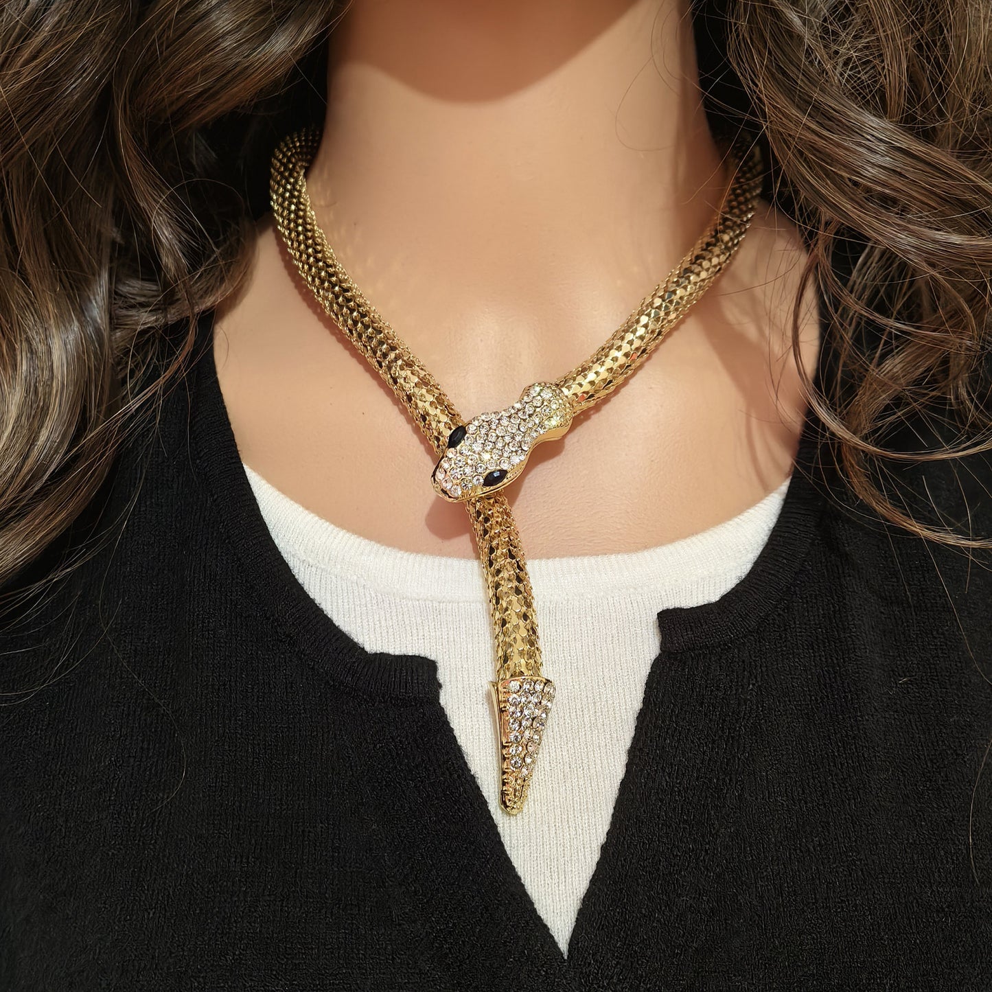 Exquisite Punk Style Gold Plated Magnetic Snake Chain Choker with Dazzling Rhinestones - Versatile Statement Jewelry Perfect for Any Occasion