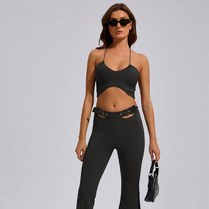 Women's Sports Yoga Set with Supportive Racerback High Waisted Leggings and Flattering Wide Leg Pants for Comfort and Style