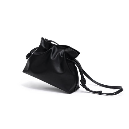 Genuine Leather Women's Drawstring Bucket Bag and Versatile Chic Crossbody and Shoulder Bag with Ruched Design for Everyday Use