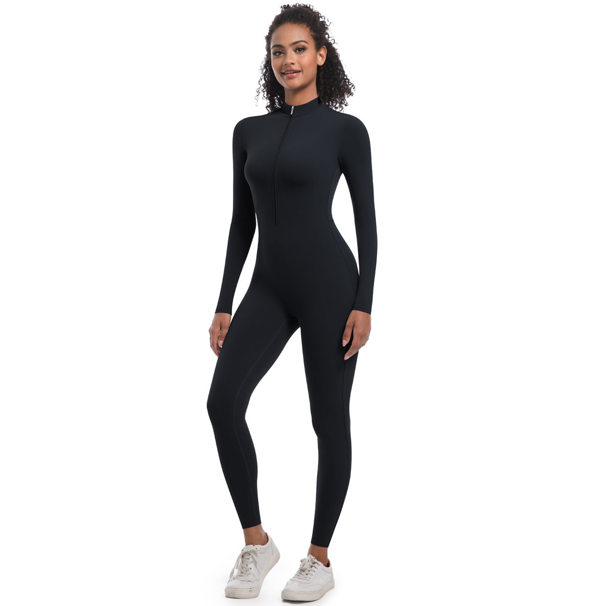 Women's Long Sleeve Zippered Bodysuit Figure Flattering Yoga Workout Jumpsuit for Enhanced Curves for Running and Fitness