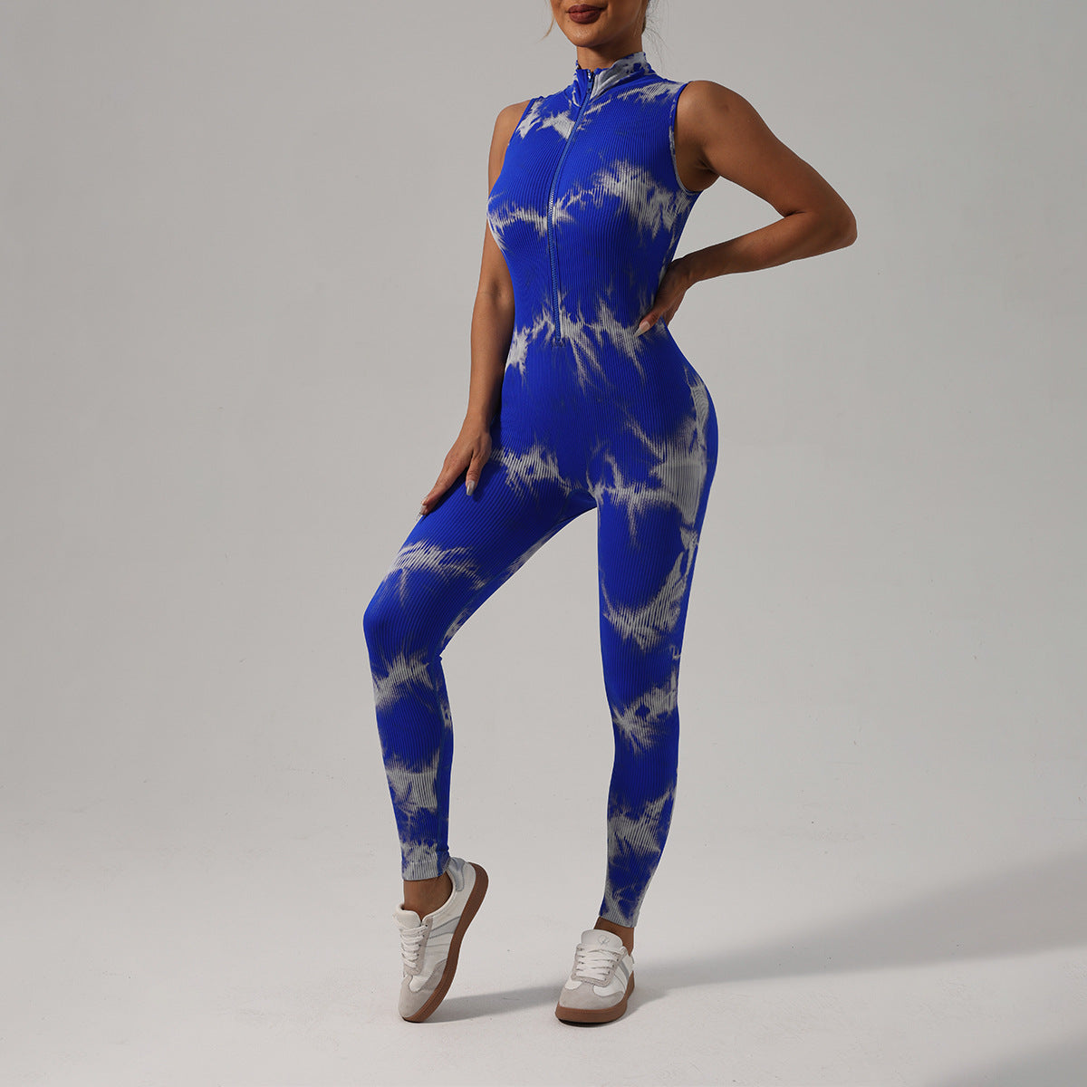 Tie Dye Sleeveless Yoga Jumpsuit for Women with Stand Up Collar and Zipper for Fitness Gym and Everyday Wear