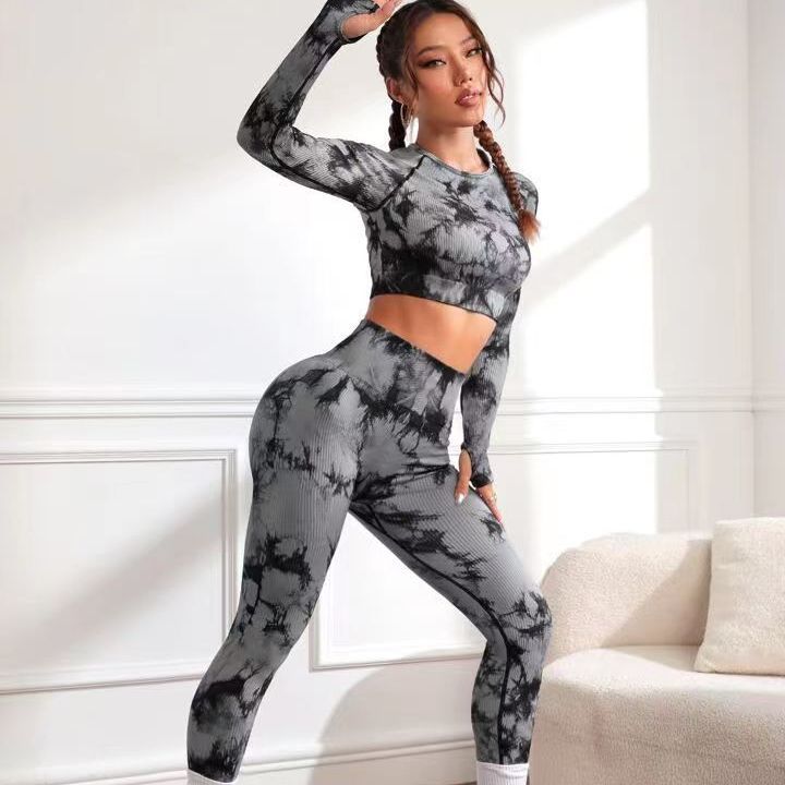 Seamless Tie Dye Workout Set for Women Long Sleeve High Waisted Yoga Clothes with Tummy Control and Butt Lifting Design for Comfort and Style