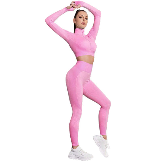 Women's Seamless Bubble Yoga Set 3 Piece Long Sleeve Jacket Comfortable and Activewear for Fitness Enthusiasts