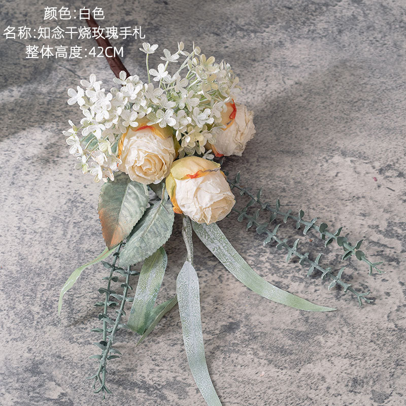 Chinen Dried Rose Handwritten Bouquet - Artificial Flower Decoration for Weddings & Events - Lifelike Green Plant Home Decor (MW89102)