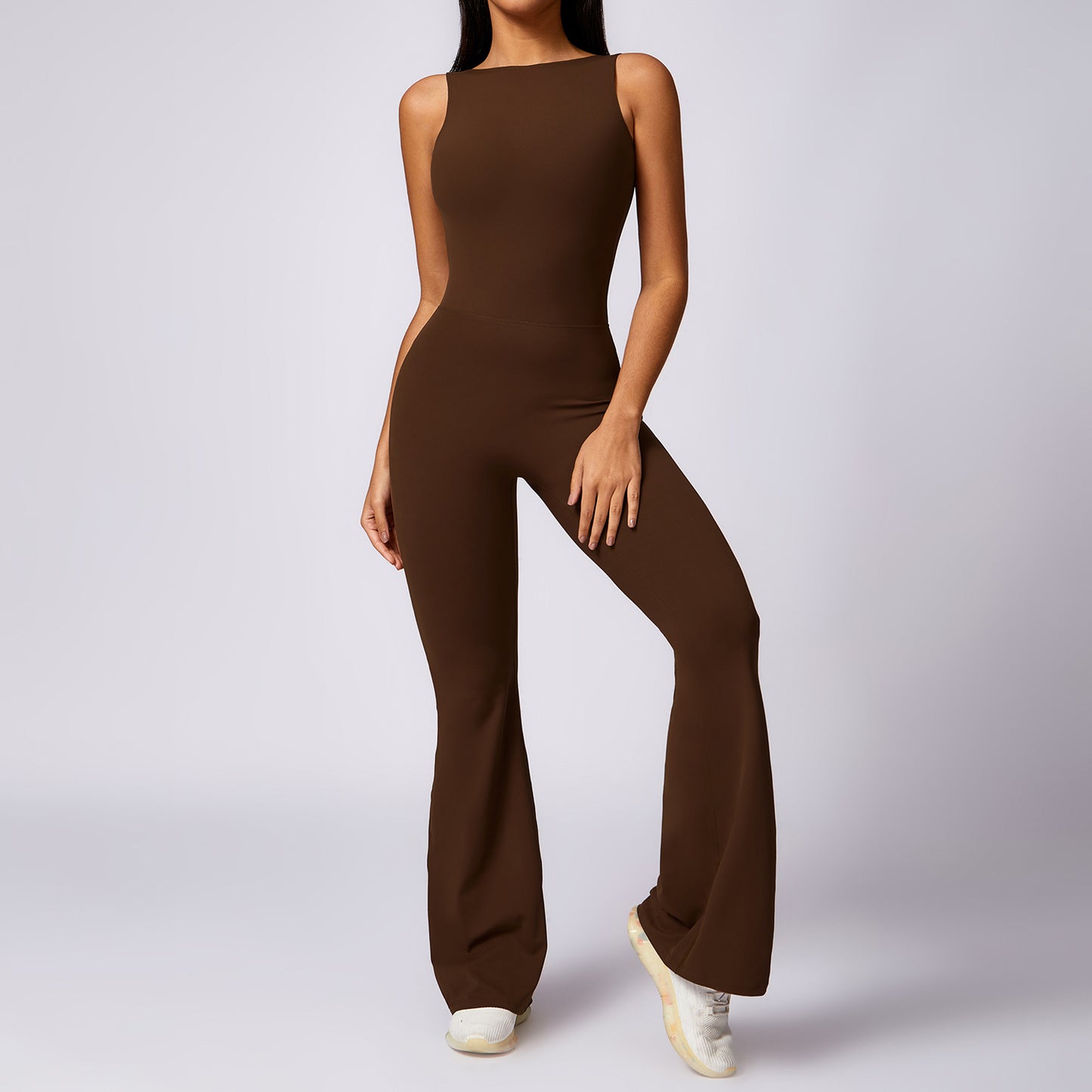 Women's Peach Butt Lifting Yoga Jumpsuit Fitness Bodysuit with Flared Legs and Beautiful Back Design for Casual and Active Wear