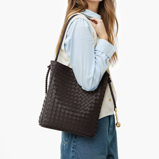 Chic Women's Leather Tote Bag Cowhide Bucket Bag for Everyday Commuting Spacious Weave Design for Work and Play