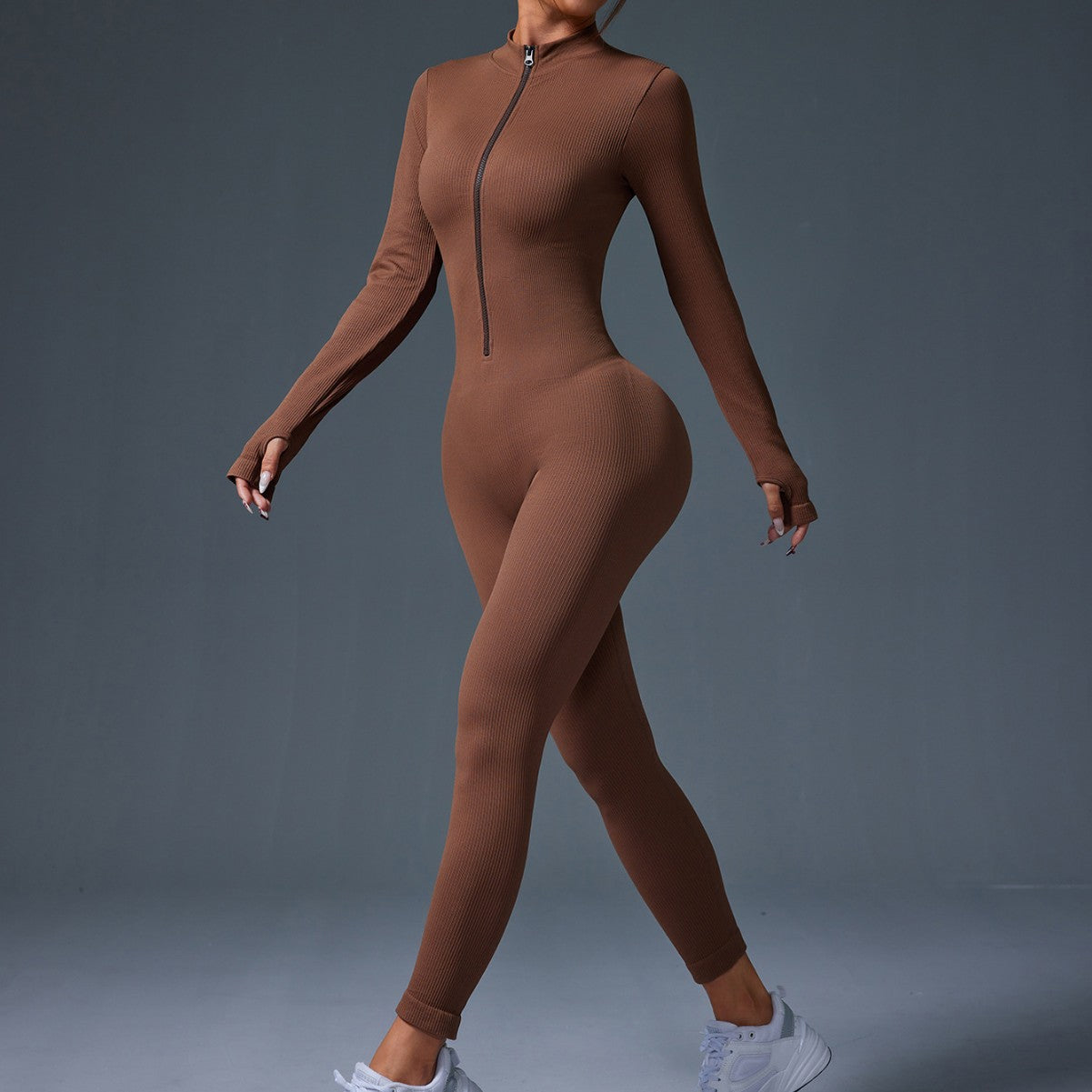 Sleek and Women s Half Zip Bodysuit Jumpsuit with Thumb Holes Long Sleeves and Lifting Design for Chic Casual or Workout Wear