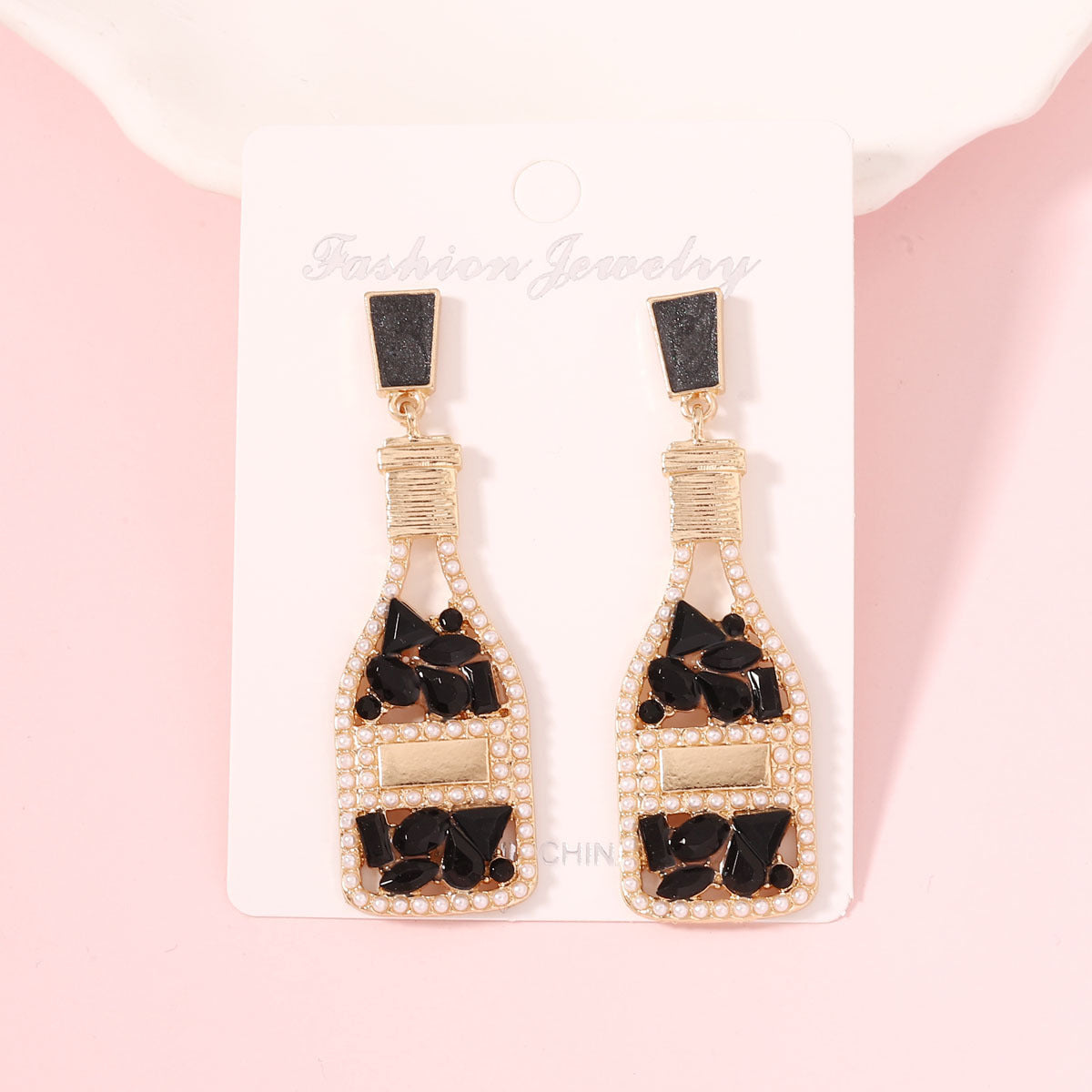 Elegant Resort-Inspired Versatile Earrings with Rhinestone-Embellished Pearl-Inspired Perfume Bottle Design