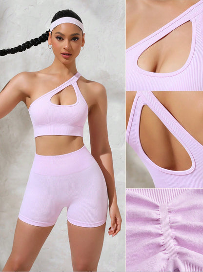 Seamless Ribbed One Shoulder Sports Bra and Peach Butt Shorts Yoga Set for Comfort and Performance