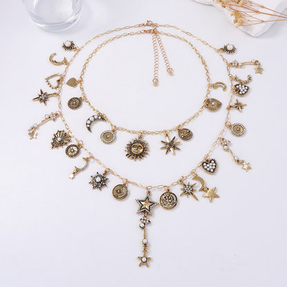 Unique Retro Luxe Gold-Tone Alloy Layered Chain Necklace with Sun, Moon, and Stars Charm for Women – Perfect for Layering, Versatile Fashion Accessory