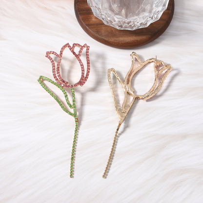 Luxurious Long Colorful Diamond Tulip Flower Earrings for Women - Exquisite Water Rhinestone Studs with an Elegant High-End Appeal