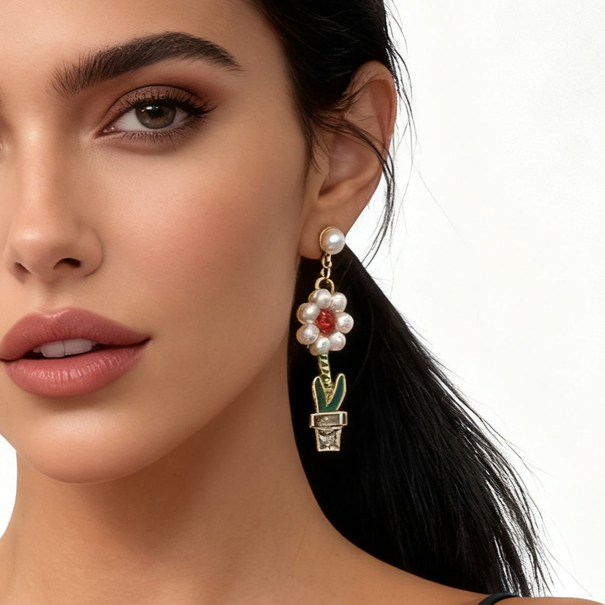 Chic Japanese and Korean Style Asymmetrical Alloy Drop Oil Pendant Earrings with Rhinestone-Studded Floral Design and Imitation Pearl Accents - Perfect for Any Occasion