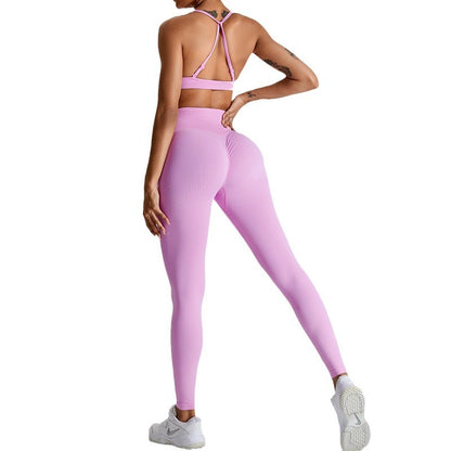 Seamless Women's Yoga Outfit Set with Cross Back Design Peach Butt Lifting Sportswear for Outdoor Fitness and Gym Workouts