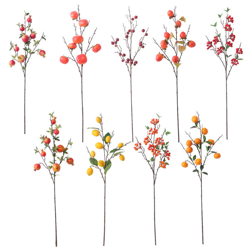 Realistic Pomegranate Fruit Branch Home Decor - Stunning Faux Plants with Lemon & Persimmon Accents for Vibrant Interior Displays