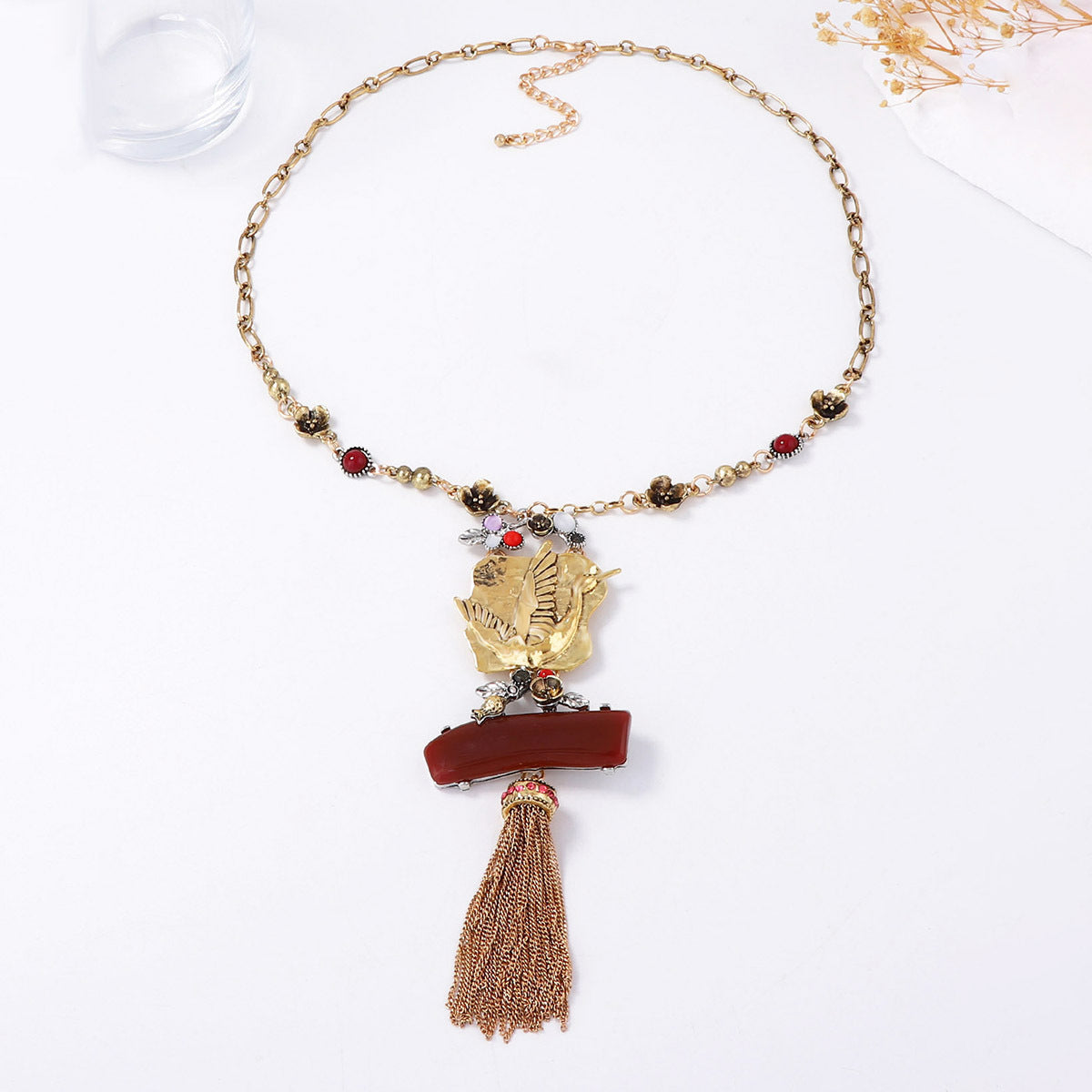 Bohemian Vintage-Inspired Alloy Statement Necklace with Exaggerated Bird Tassel Pendant – Unique Women's Fashion Accessory