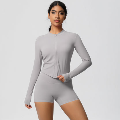 Soft Brushed Zip Up Jacket and High Waisted Short Yoga Set for Outdoor Sports and Fitness Training