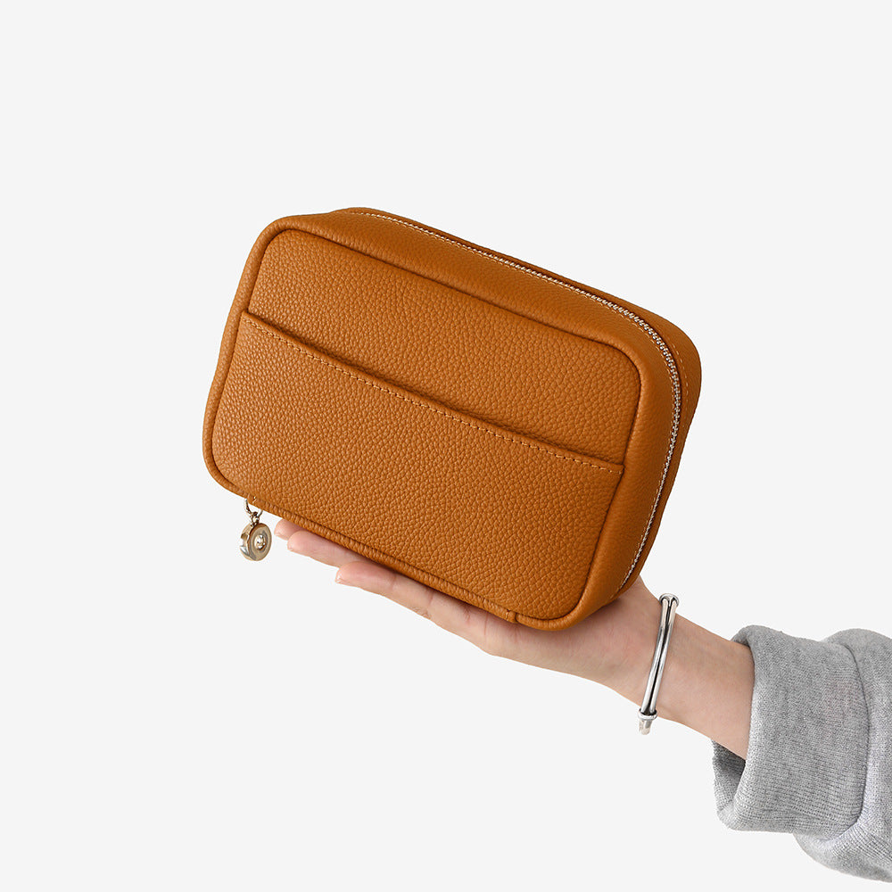 Genuine Leather Women's Makeup Bag Solid Color Minimalist Design High End Quality Spacious Travel Friendly Cosmetic Organizer