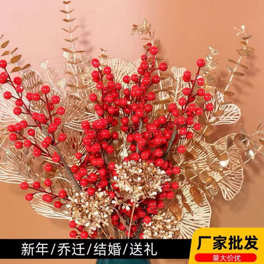 Realistic Gold Eucalyptus Leaves - Plastic Flower Materials with Winterberry Red Fruits for Festive New Year and Wedding Decorations | Ideal for Prosperity and Joy