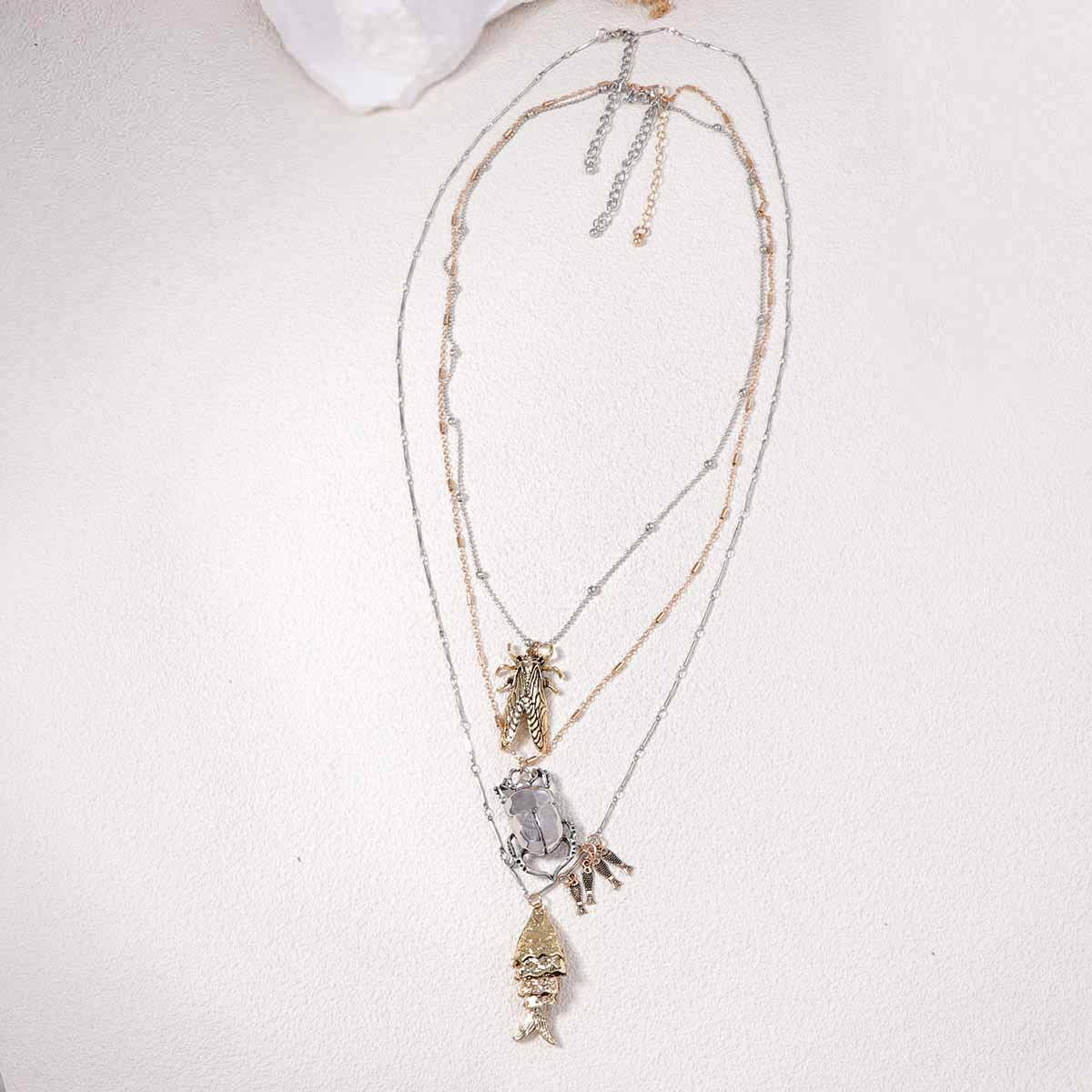 Unique Animal-Inspired Insect Alloy Beetle Cicada Fish Pendant Necklace – Multi-Layered Design Perfect for Any Occasion