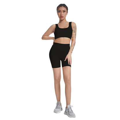 Seamless V Neck Ribbed Yoga Outfit Set for Women Striped Sports Bra and High Waisted Compression Shorts for Comfort and Flexibility