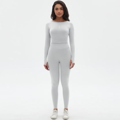 Seamless Solid Color Crew Neck Ruched Long Sleeve Yoga Set with High Waist Leggings for Peachy Two Piece Activewear Outfit