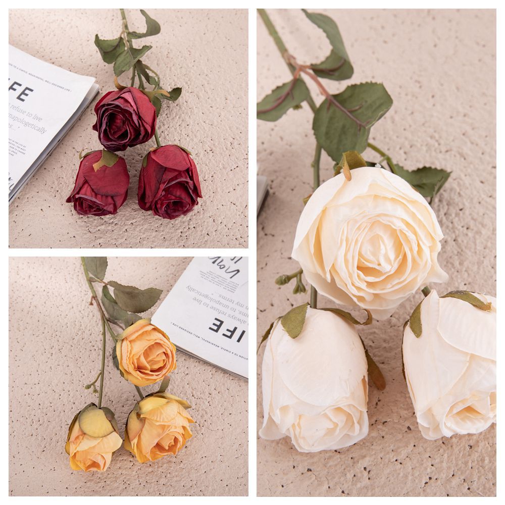 Stunning 3-Head Artificial Dried Rose Bouquet - Ideal for Weddings and Home Decor - Elegant INS Style Faux Flowers - YC1010