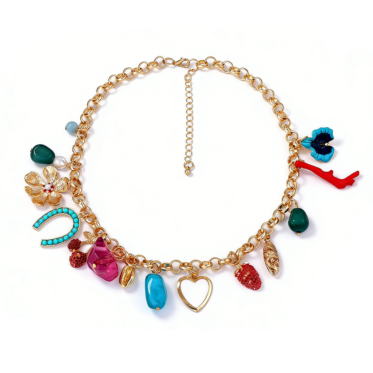 Personalized Heart-Shaped Flower Pendant Necklace with Micro-Paved Zircon Stones, Strawberry, and Cherry Accents – A Unique and Elegant Gift for Her