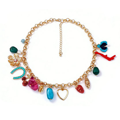Personalized Heart-Shaped Flower Pendant Necklace with Micro-Paved Zircon Stones, Strawberry, and Cherry Accents – A Unique and Elegant Gift for Her