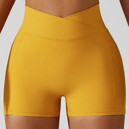 High Waisted Cross Waist Yoga Shorts with Pockets for Running Cycling and Fitness Tummy Control Lifting Activewear