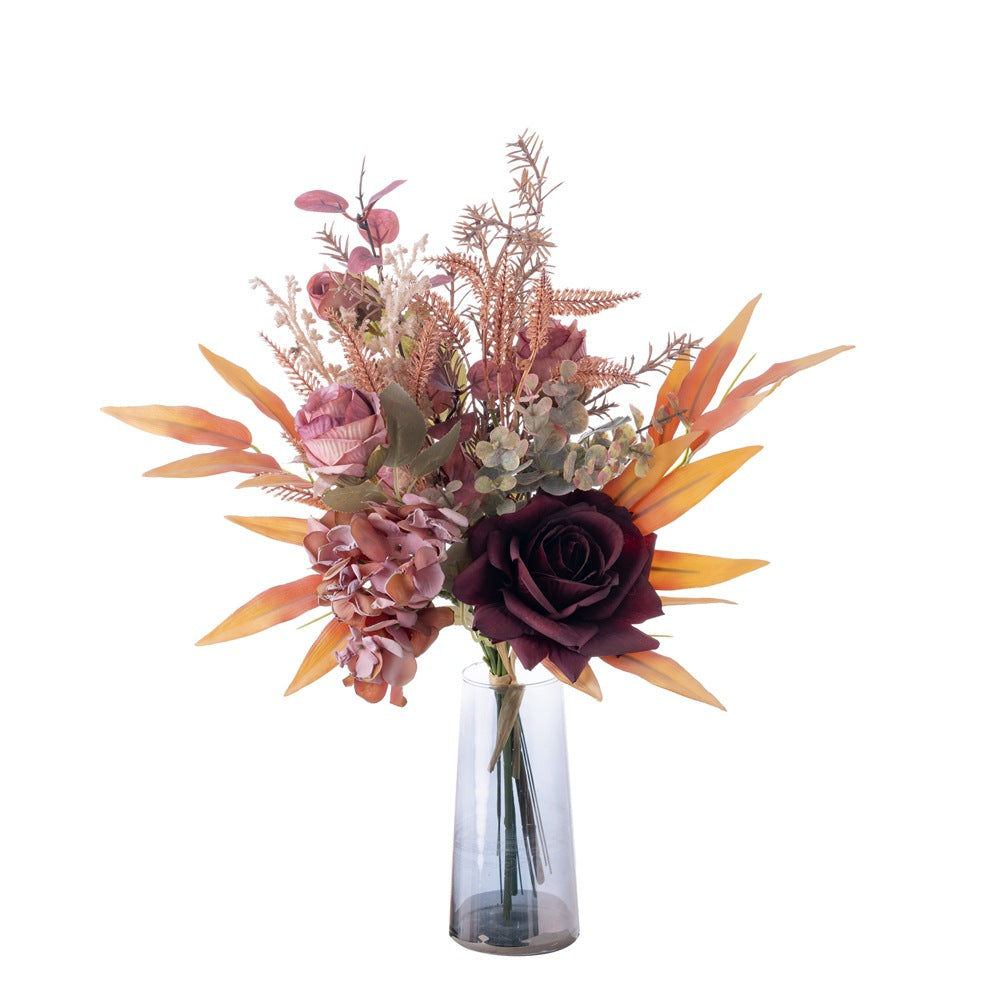 Elegant Autumn-Inspired Faux Rose and Bamboo Leaves Bouquet for Home Decor - Stunning Handcrafted Floral Arrangement for Walls and Bouquets - CF01340