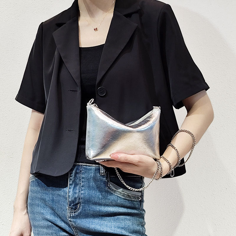 Silver Vegan Leather Handbag Minimalist Korean Style Soft Leather Shoulder and Crossbody Bag with Chain Strap for Everyday Elegance