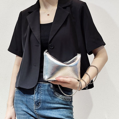 Silver Vegan Leather Handbag Minimalist Korean Style Soft Leather Shoulder and Crossbody Bag with Chain Strap for Everyday Elegance