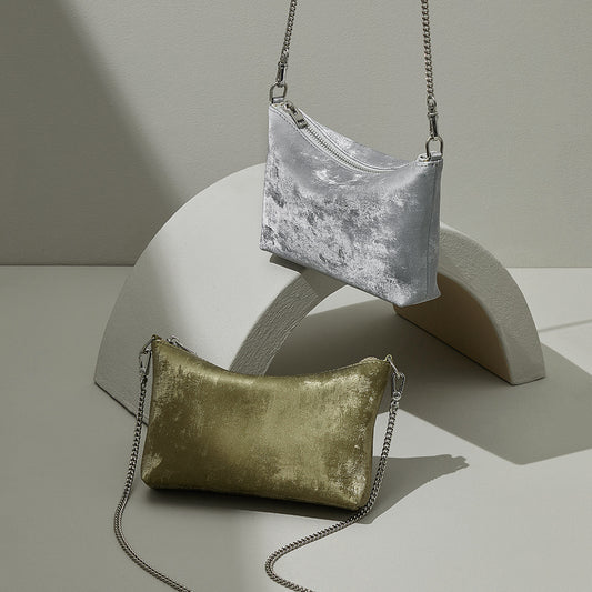 Elegant Satin and Leather Chain Crossbody Bag Vintage Metal Makeup Pouch Mini Shoulder Bag for Any Occasion