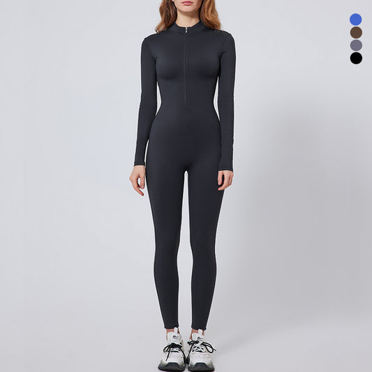 Women's Long Sleeve Yoga Jumpsuit for Outdoor Running Zip Up Fitness Bodysuit One Piece Activewear for Comfort and Performance