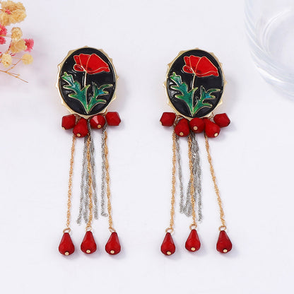 Elegant Retro-Style Alloy Drop Oil Flower Tassel Geometric Water Drop Pendant Earrings - Unique Artistic Design for Fashion Enthusiasts