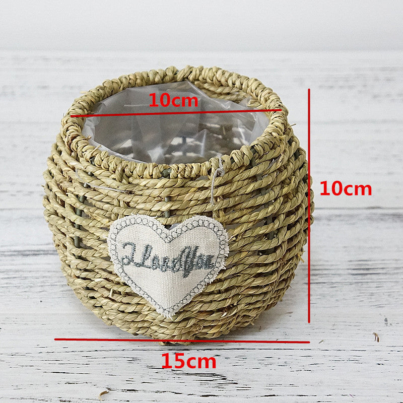 Handcrafted Rustic Woven Grass and Willow Flower Basket - Waterproof Succulent Decorative Basket for Artificial Floral Arrangements with Ergonomic Handle