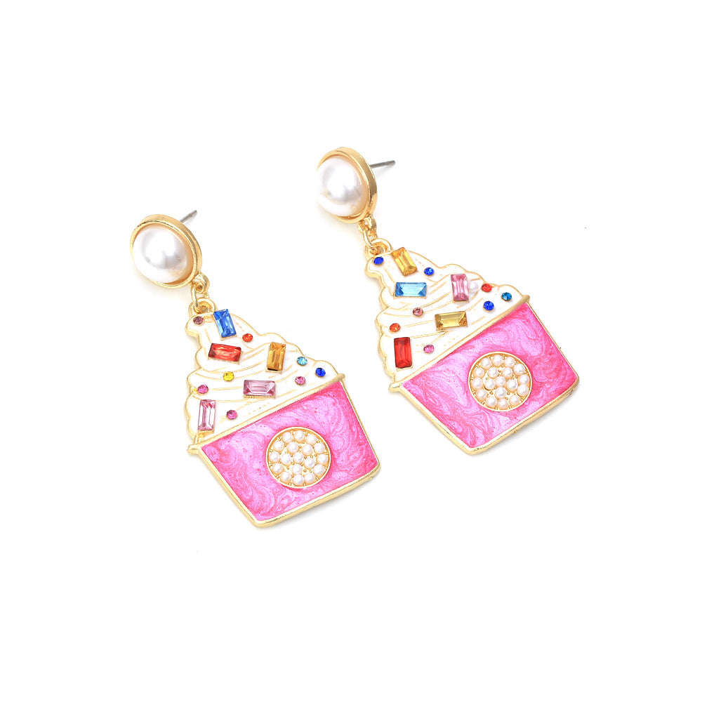 Trendy Ice Cream-Inspired Alloy Earrings with Sparkling Rhinestones and Elegant Pearls - Unique Personalized Design for a Chic Look