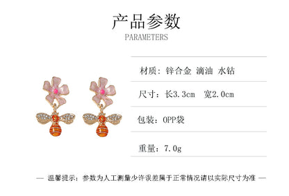 Chic Minimalist Bee and Flower Drop Earrings with Sparkling Rhinestones - Trendy and Unique Floral Jewelry for Women