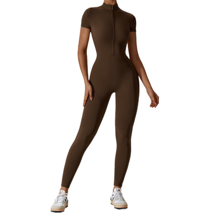 Women's Zip Front Short Sleeve Yoga Bodysuit and Comfortable All in One Fitness Outfit for Active Wear Model 8305