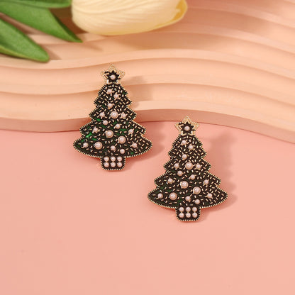 Elegant  Christmas-Themed Creative Alloy Oil-Drop Christmas Tree Earrings with Rhinestones & Pearls for Women - Perfect Holiday Accessory!