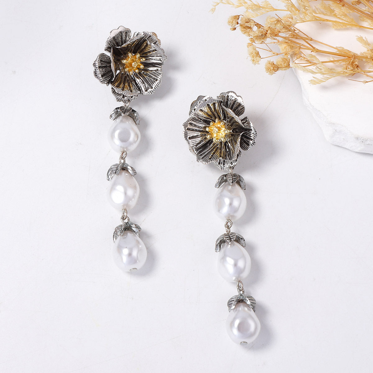 Elegant Bohemian Vintage-Inspired Metal Flower Drop Earrings with Faux Pearls and Chic Tassels for Women