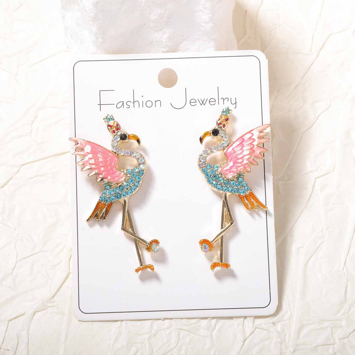 Exaggerated Unique Alloy Flamingo Earrings with Rhinestone Accents - Creative, High-End Chic for Every Occasion, Effortlessly Stylish Women's Accessory