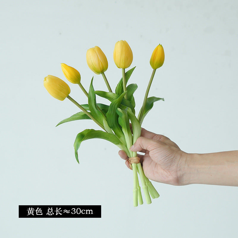 Realistic 5-Head Tulip Bouquet - Soft Touch Artificial Flowers Perfect for Scandinavian Home Decor, Elegant Faux Flower Arrangement