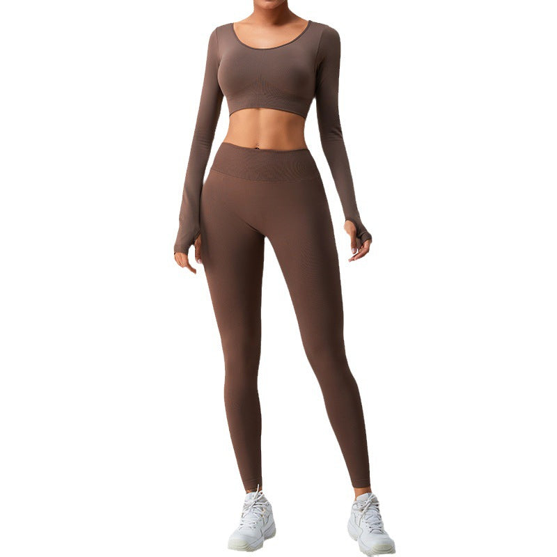 Women s Long Sleeve Yoga Top with Cross Back and V Waist Peach Designed Yoga Pants Activewear Set for Fitness and Training