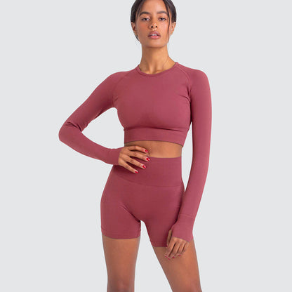 Seamless Knitted Stretch Yoga Set for Women Long Sleeve Tight Fitting High Waist Shorts Quick Dry Comfortable Activewear for Fitness and Gym Workouts